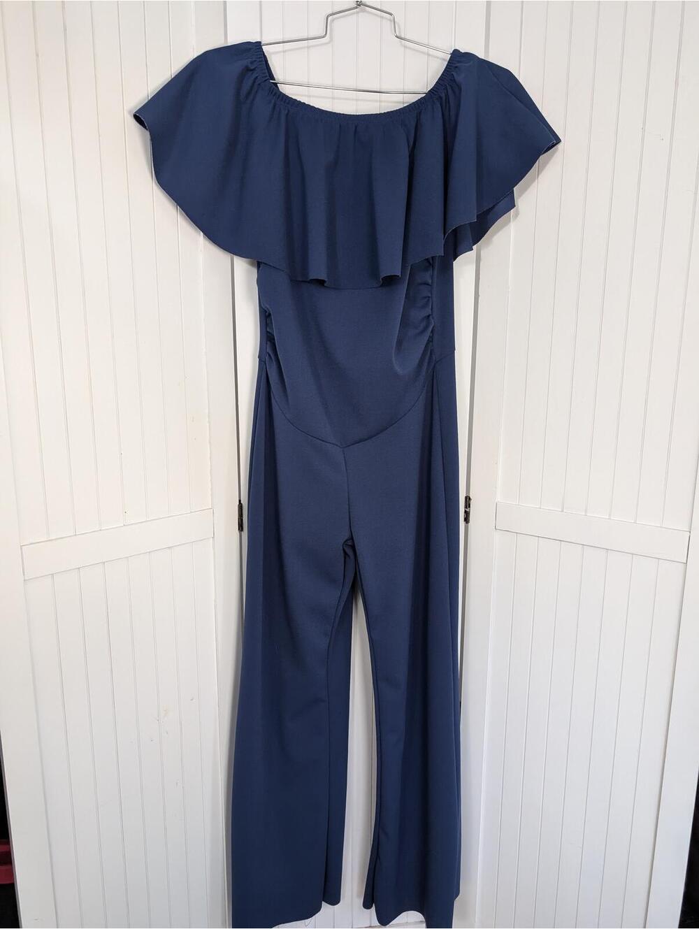 My Bump Maternity Blue Off Shoulder Ruffle Jumpsuit M